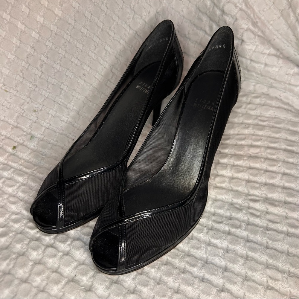 Stuart Weitzman Black Mesh & Patent Leather Peep Toe Heels‎ | Size 8.5